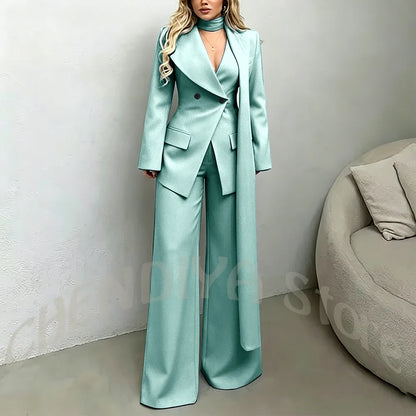 Classic Black Women Suit Set Double Breasted Asymmetrical Blazer Pants with Muffler Formal Office Elegant Two Piece Outfit