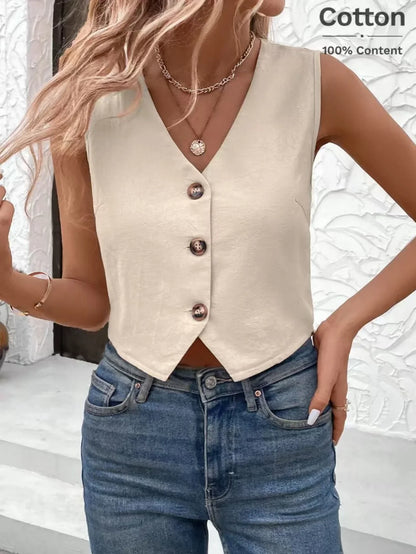 Elegant Sleeveless Cotton Waistcoat for Spring & Summer Minimalist Stylish Cropped Vest