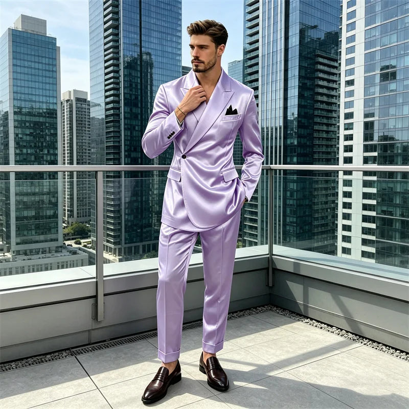 Men's 2 Piece Satin Suit Asymmetrical Wrap Peak Lapel Suit One Button Slim Fit Blazer Pants Wedding Formal Evening Luxury Outfit