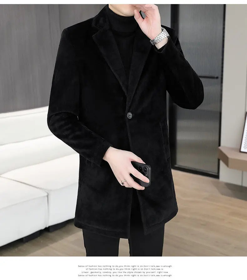 High-quality winter new style mid-length solid color men's fashionable and cool golden mink woolen trench coat with cotton