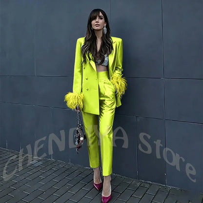 Fuchsia Satin Women's Suit Set Peak Lapel Shiny Glossy Blazer with Feather Elegant Luxury Outfit for Dinner Party Formal Event