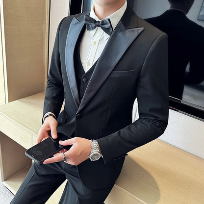 Men's Slim Fit Wedding Suit – Jacket, Vest & Pants | Smart Casual Black Tuxedo for Groom