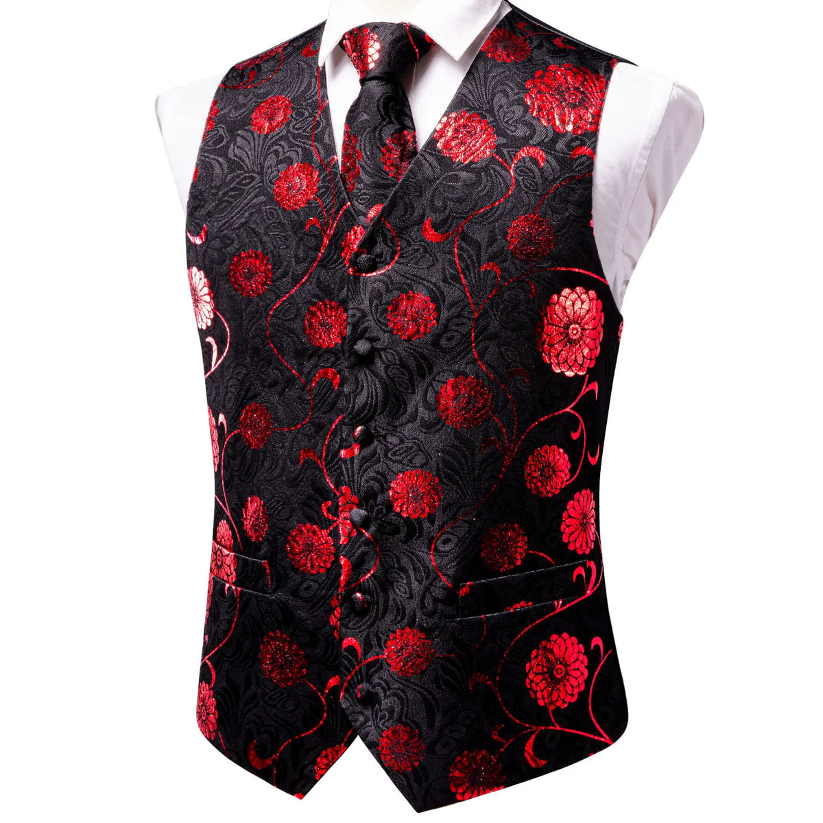 Men's Waistcoat Suit Set with Jacquard Floral Vest, Tie, Hanky & Cufflinks for Wedding and Business