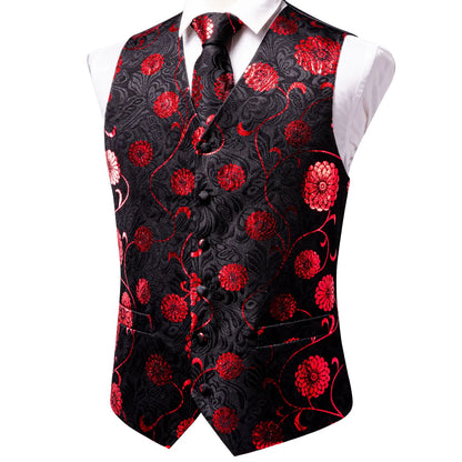 Men's Waistcoat Suit Set with Jacquard Floral Vest, Tie, Hanky & Cufflinks for Wedding and Business