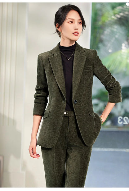 2024 Autumn New Corduroy Elegant Pant Suit Ladies Formal Business Work Wear 2 Piece Set Green Wine Jacket Blazer And Trouser