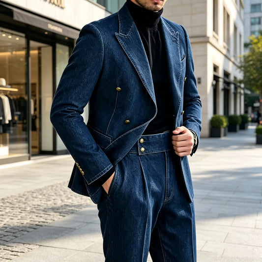 New Fashion Denim Men's Suit Classic Double Breasted Peak Lapel Slim Fit 2 Pieces Suit Jacket Blazer Pants Elegant Causal Style