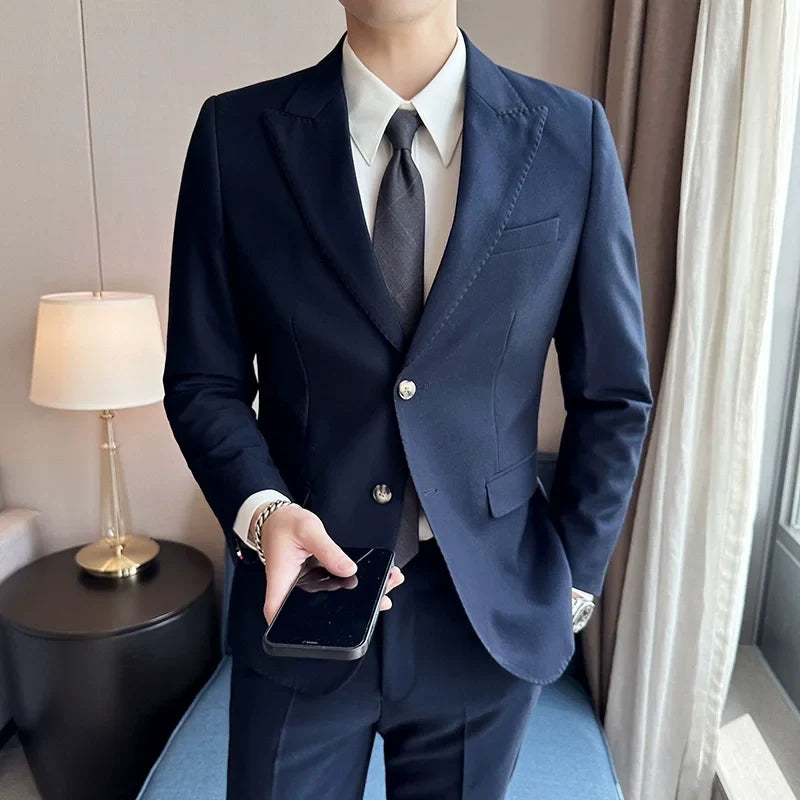 Jacket + Pants 2 Pieces Men's Elegant Fashion Slim Fit Suits Formal Business Wedding Tuxedos Casual Gentleman Solid Dress Suit