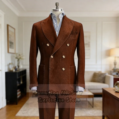 Men's Denim Suit Set Double Breasted Slim Fit Blazer and Trousers for Men
