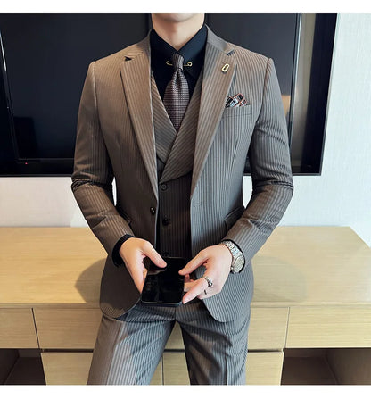 (Jackets+Pants+Vest) Luxury Stripe Men Suit Korean Version Fashion Elegant Slim Fit Tuxedo Formal Groom Wedding Social Suits