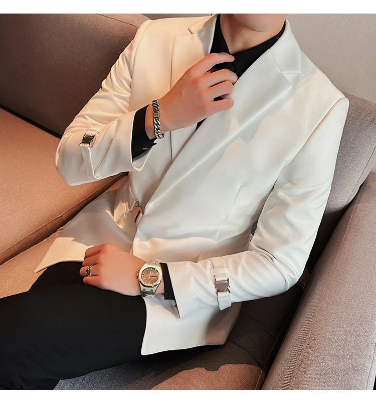Men's Slim Fit Blazer Metal Buckle Decoration Smart Casual Wedding Party Jacket