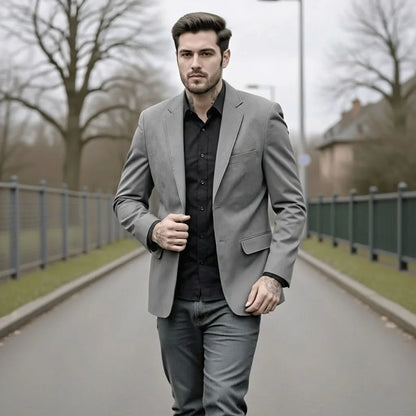Men's Knit Blazer Casual Work Jacket Single-Breasted – Coffee, Gray, Black, Khaki