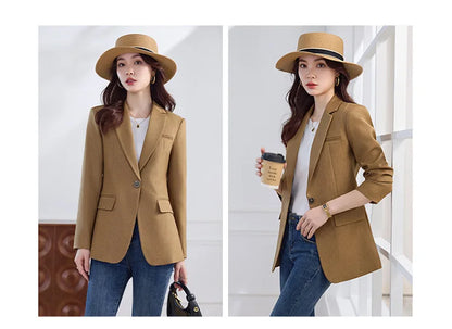 Elegant Solid Women's Blazer Long Sleeve Turn down Collar Slim Fit Office Jacket Single Button Spring Autumn Fashion