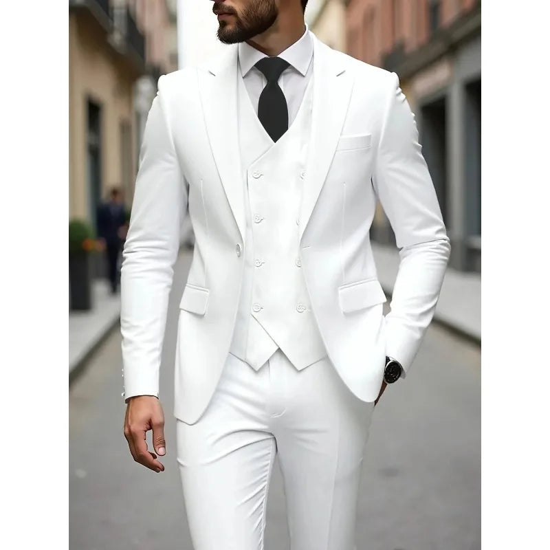 Solid Business Mens Suits Wedding Tuxedos Fashion Groom Outfit Slim Fit Peaked Lapel Prom Party Mens Suits(Jacket+Vest+Pants)