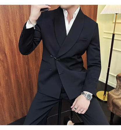 (Jacket+Pants) Vintage Luxury Chinese Style Suit Fashion Men High-end Elegant Business Social Wedding Dress Suit Tuxedo 2Pcs Set