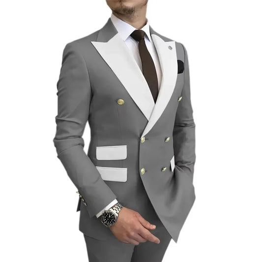 Men's 2-Piece Double Breasted Slim Fit Wedding Suit – Korean Style Blazer & Trousers for Groom & Business Banquets