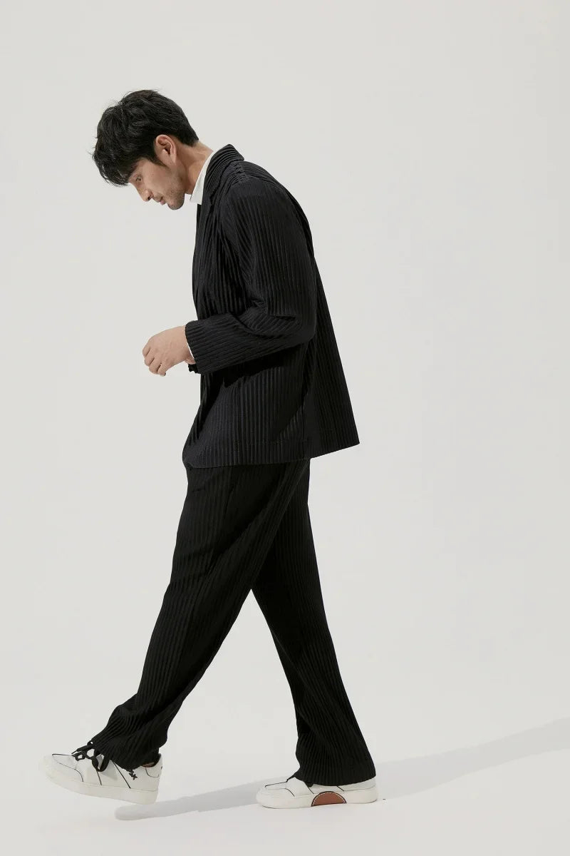 Men's Miyake Pleated Style Blazer Jacket Japanese Casual Stretch Slim Fit Business Office Fashion Luxury Wrinkle Resistant Coat