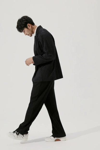 Men's Miyake Pleated Style Blazer Jacket Japanese Casual Stretch Slim Fit Business Office Fashion Luxury Wrinkle Resistant Coat