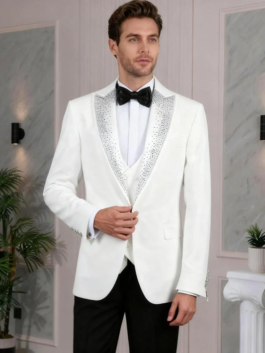 Elegant White Beaded Men's Suit Set 3 Pieces Wedding Groom Sets Handsome Peak Lapel Suits For Men Banquet Party Wear Plus Size
