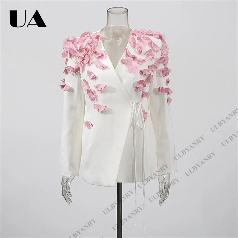 White Wrap Blazer with 3D Pink Floral Appliqué and Tie Waist for Wedding Garden Party Ethereal Romantic Outfit