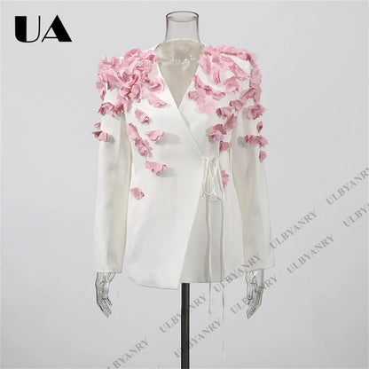 White Wrap Blazer with 3D Pink Floral Appliqué and Tie Waist for Wedding Garden Party Ethereal Romantic Outfit