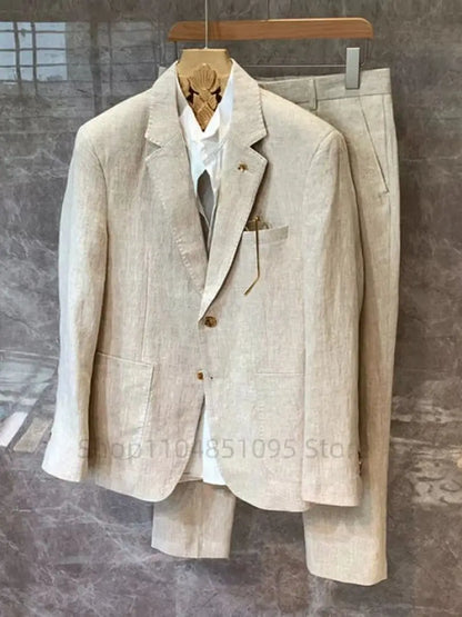 Men's Beige Linen Suit 2 Pieces Slim Fit Formal Tuxedo Set for Wedding Prom Best Man Groom Costume Summer New Design Homme