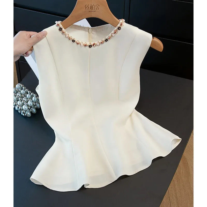 、2026 Summer New Top Women's Commuting Simple Solid Slim Short Sleeveless Shirt Round Neck Shirt Women Black Zipper Blazer Vests