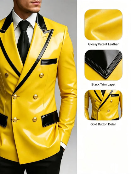 Men Bright Yellow Patent Leather Double Breasted Blazer Black Gloss Lapel Pocket Trim Gold Buttons Slim Fit Stage Party Formal T