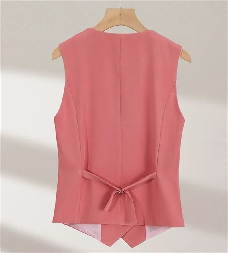 2025 Summer V-Neck Vest Women Thin Loose Waistcoat Double-breasted Sleeveless Blazer Female Slim Short Vest Femme Slim Buttons