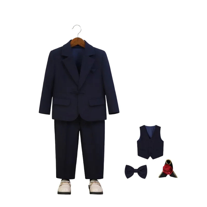 Gentleman Boys 5Pieces Formal Wedding Suit Set With Jacket Vest Pants Bowtie Brooch Kids Birthday Piano Performance Costume