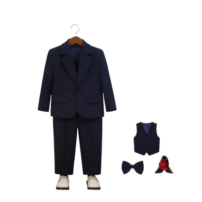Gentleman Boys 5Pieces Formal Wedding Suit Set With Jacket Vest Pants Bowtie Brooch Kids Birthday Piano Performance Costume