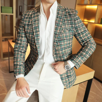 British Style Plaid Woven Casual Suit Jacket for Men Slim Fit Business Social Dress Coats Wedding Party Banquet Office Blazers