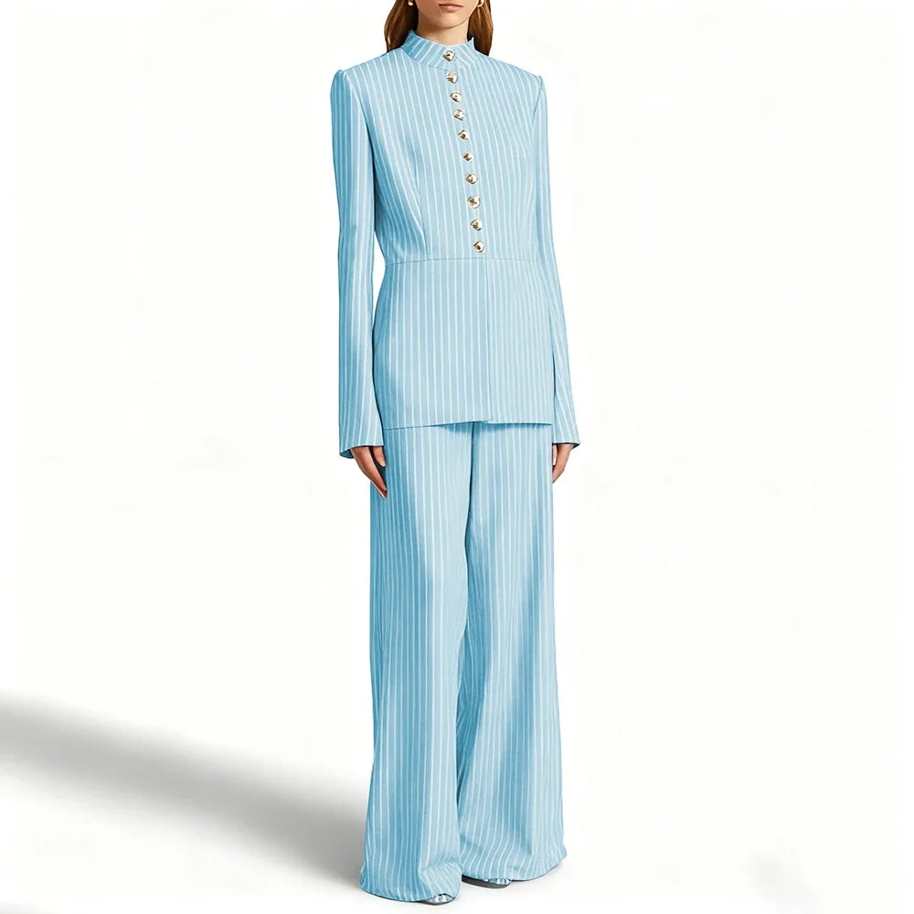 Elegant Women's Suits Pinstripe Two-piece(Jacket+Pants) Set with Stand Collar Gold Single Breasted Business Office Lady Outfit