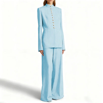 Elegant Women's Suits Pinstripe Two-piece(Jacket+Pants) Set with Stand Collar Gold Single Breasted Business Office Lady Outfit