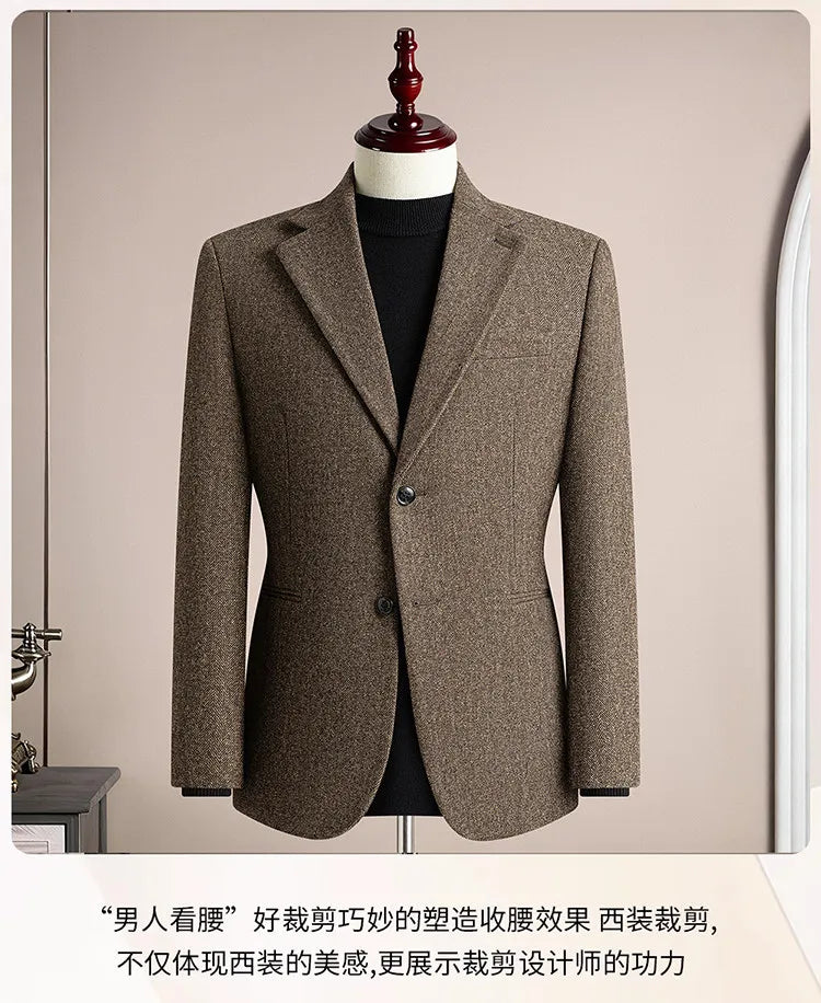Autumn Winter Thicken Warm 50% Woolen Men Suit Jacket Retro Style Fashion Business Slim Fit Casual Wedding Groom Coats Tailcoat