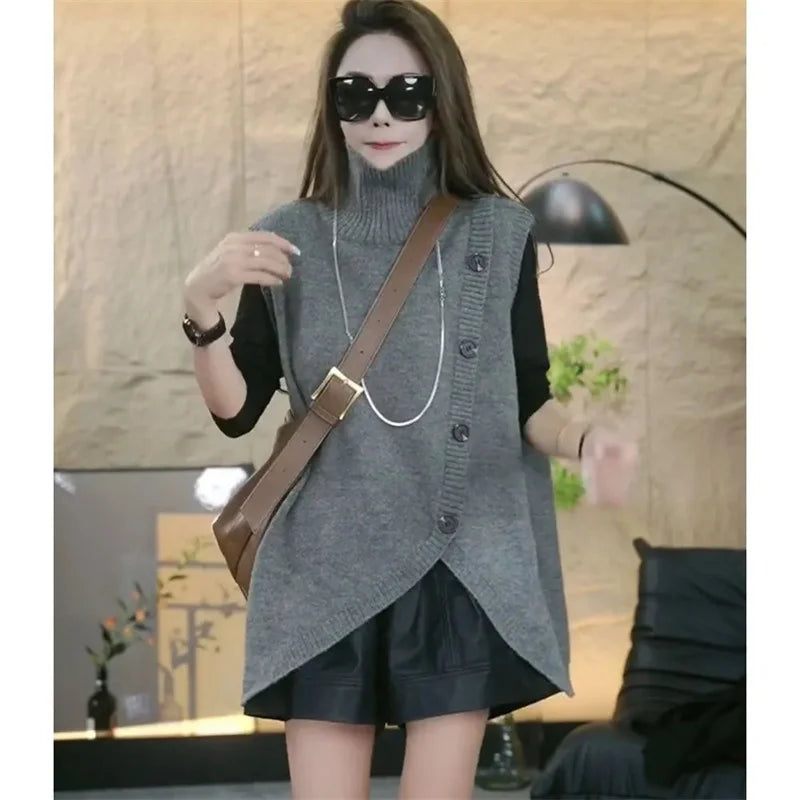 Women Large Size 4XL Knit Waistcoat Coat Ladies Irregular Sweater Vest Tops Autumn Female High Collar Sleeveless  ﻿