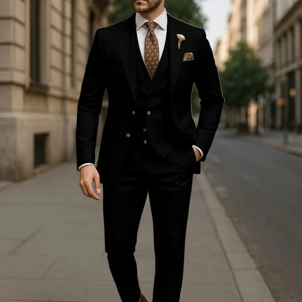 Costume de mariage formel trois pièces pour homme, avec revers crantés, veste unie, gilet et pantalon, pour soirée de bal, décontracté ou affaires