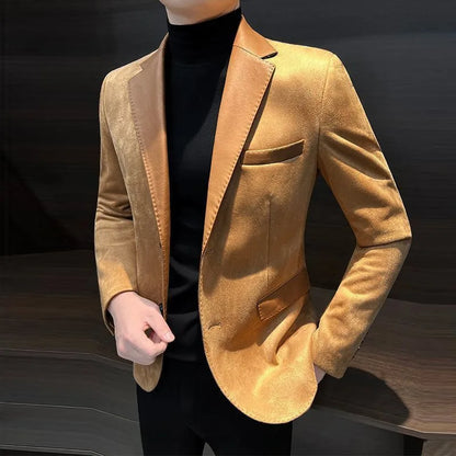 KIDWHXR Men Blazer Vintage Simple Solid Patchwork Male Suit Jacket Slim Single-breasted Long Sleeve Man Casual Outerwear