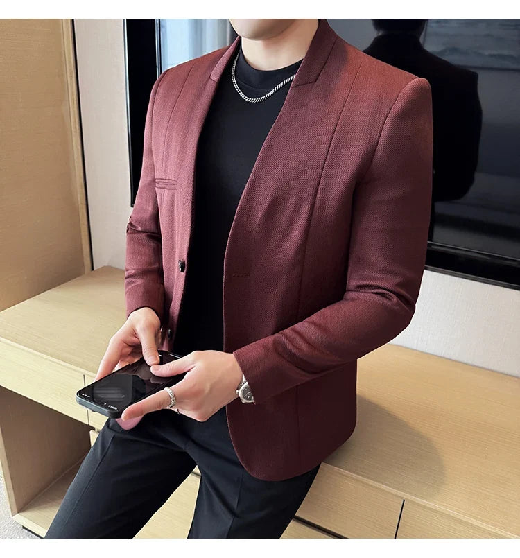 Chinese Style Collarless Suit Jacket Men Fashion Slim Fit Versatile Blazers Male Casual Business Wedding Groom Dress Jacket 2025