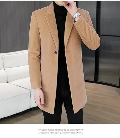 High-quality winter new style mid-length solid color men's fashionable and cool golden mink woolen trench coat with cotton