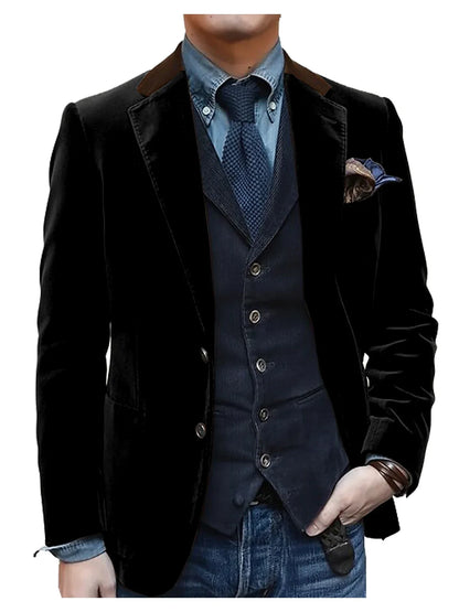 Men Velvet Blazer Contrast Brown Lapel Single Breasted Flap Pockets Smart Casual Business Streetwear Formal Outerwear