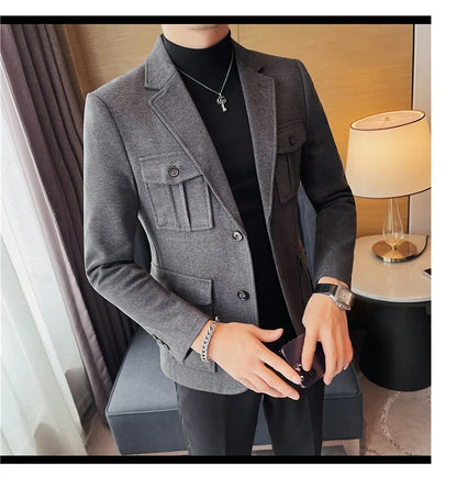 Winter Woolen Suit Jacket for Men Multiple Pockets Slim Fit Casual Business Blazers Masculino Wedding Streetwear Social Coats