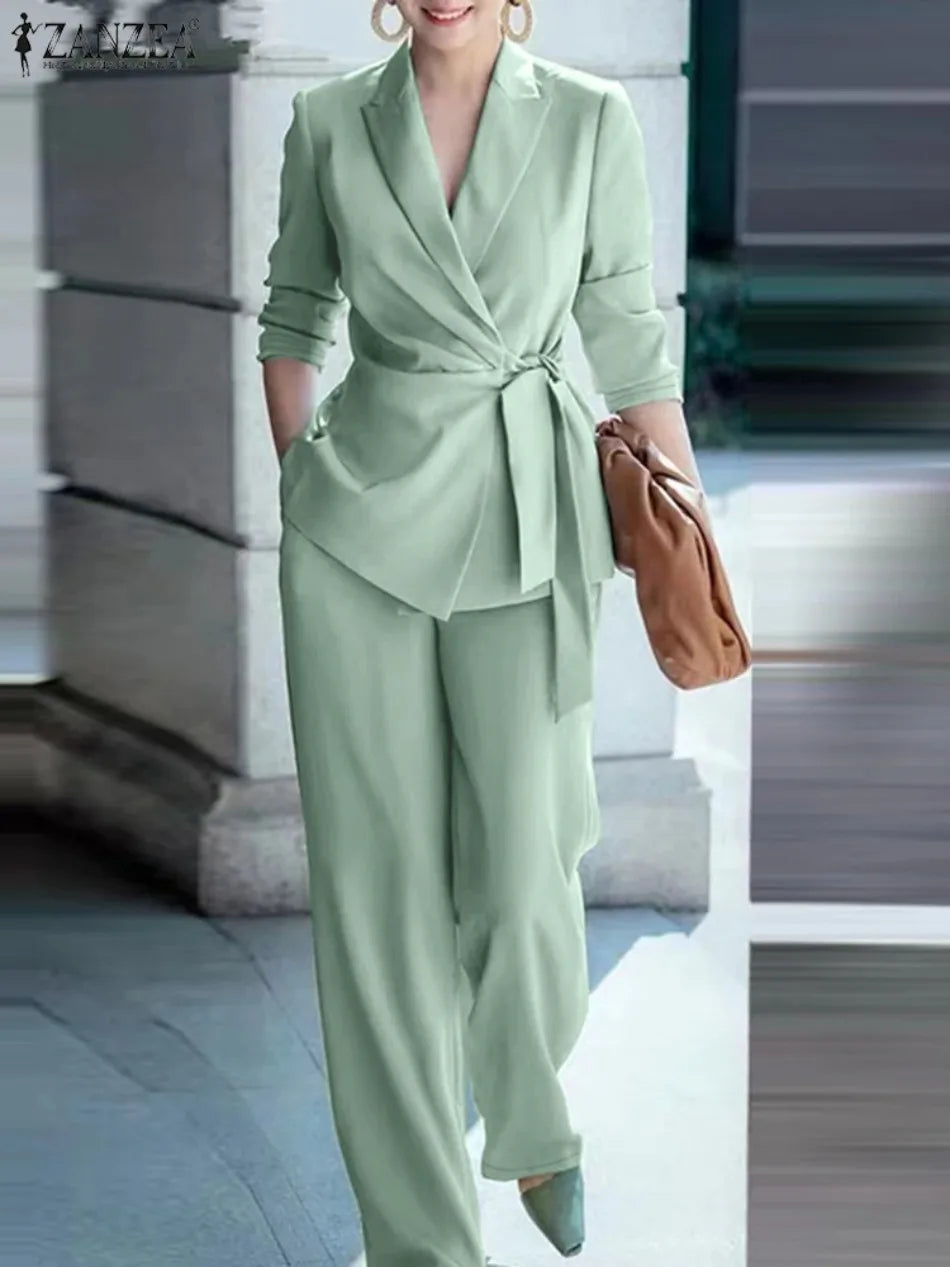 Spring 2pcs Office Women Matching Sets Solid Work OL Blazer Suits Fashion Long Sleeve Shirt Wide Leg Pant Sets Outfit 2026
