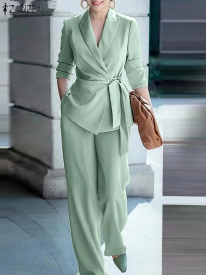 Spring 2pcs Office Women Matching Sets Solid Work OL Blazer Suits Fashion Long Sleeve Shirt Wide Leg Pant Sets Outfit 2026