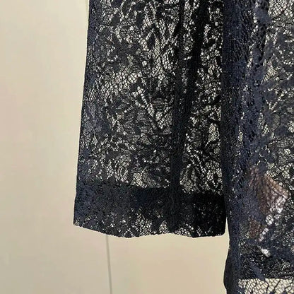 Women Black Sheer Floral Lace Blazer Long Sleeve Lapel Collar Single Breasted See Through Loose Fit Casual wear 2026 new