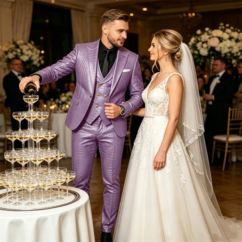 Men's 3 Piece Suit Crocodile Pattern Prime PU Leather Single Breasted Gold Buttons Slim Fit Wedding Dinner Party Formal Outfit ﻿