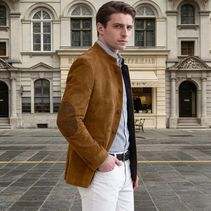 Vintage Men's Suede Blazer Elbow Patch Slim Fit Mandarin Collar Textured Fabric Jacket Business Casual Wedding Party Coat
