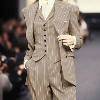 Trending 2025 Brown Striped Women Suit Formal Double-breasted Peaked Lapel 3Pieces (Jacket+Pants+Vest) Business Office Lady Set