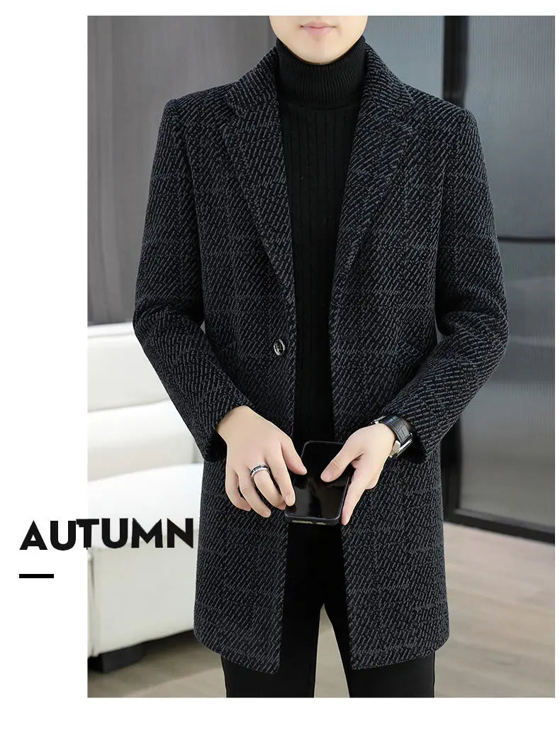 High-quality winter men's fashionable and stylish woolen overcoat, suit collar, mid-length windbreaker, woolen coat