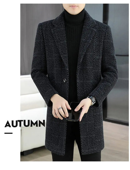 High-quality winter men's fashionable and stylish woolen overcoat, suit collar, mid-length windbreaker, woolen coat
