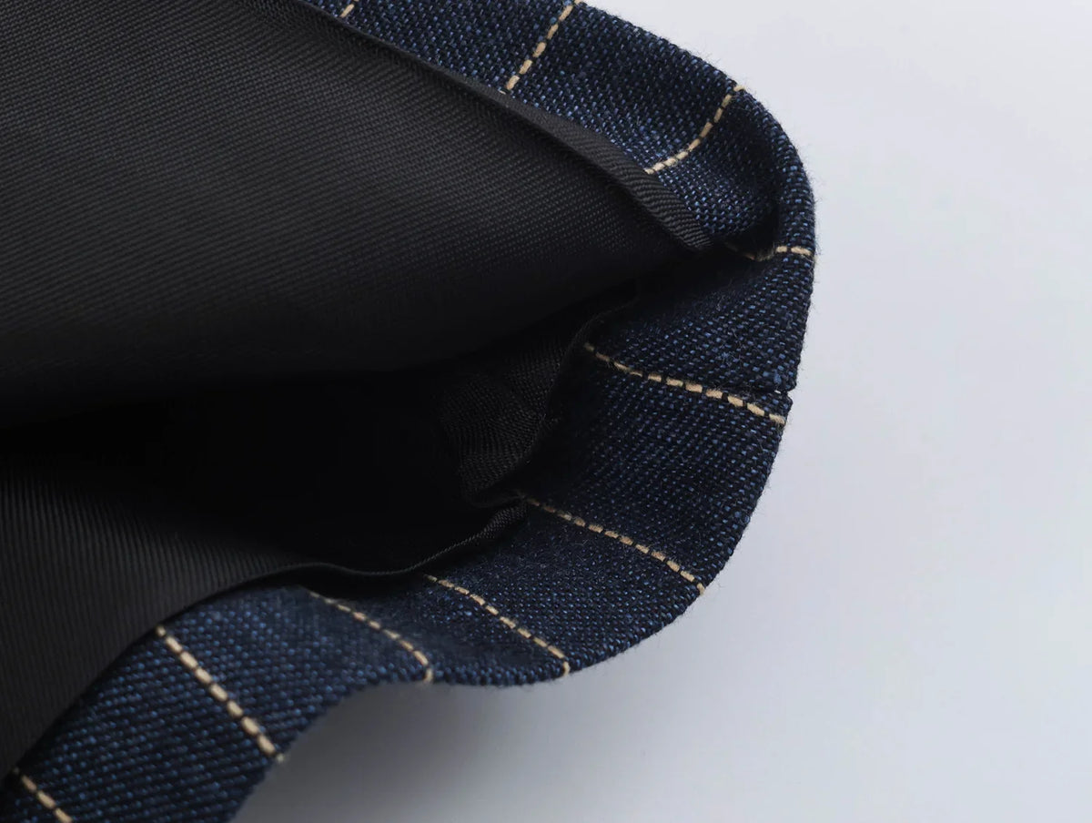 2026 Fashion Women's  Navy Pinstripe Blazer Autumn Elegant Female Long Sleeves Button Military Style Slim Suit Jacket